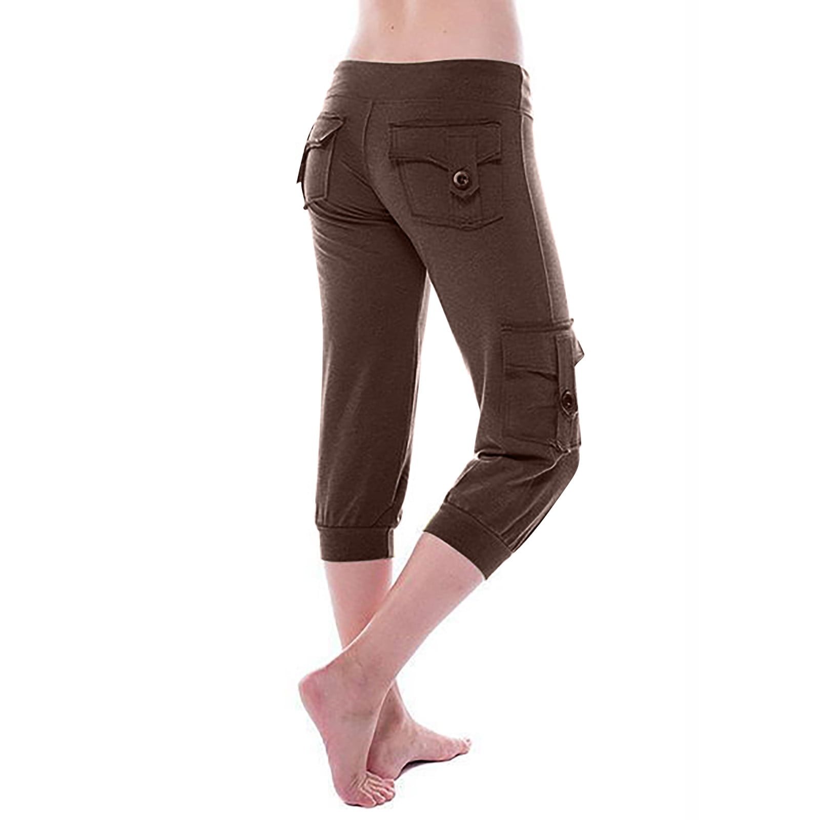 Caveitl Capri Pants For Women Casual Summer,Autumn Women Workout Out  Leggings Stretch Waist Button Pocket Yoga Gym Cropped Trousers Brown,L 