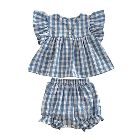 AJTQTH 2PC Set for Girls Kids Summer Plaid Cotton Clothes Flutter Sleeve Round Neck Button Ruffles Tops Tees Tshirts with Toddler Elastic Waist Shorts Bloomers Blue 3 Months