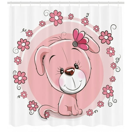 Dog Shower Curtain Cute Little Puppy With Daisy Flowers Cheerful Adorable Pet Girls Room Decor Fabric Bathroom Set With Hooks 69w X 70l Inches