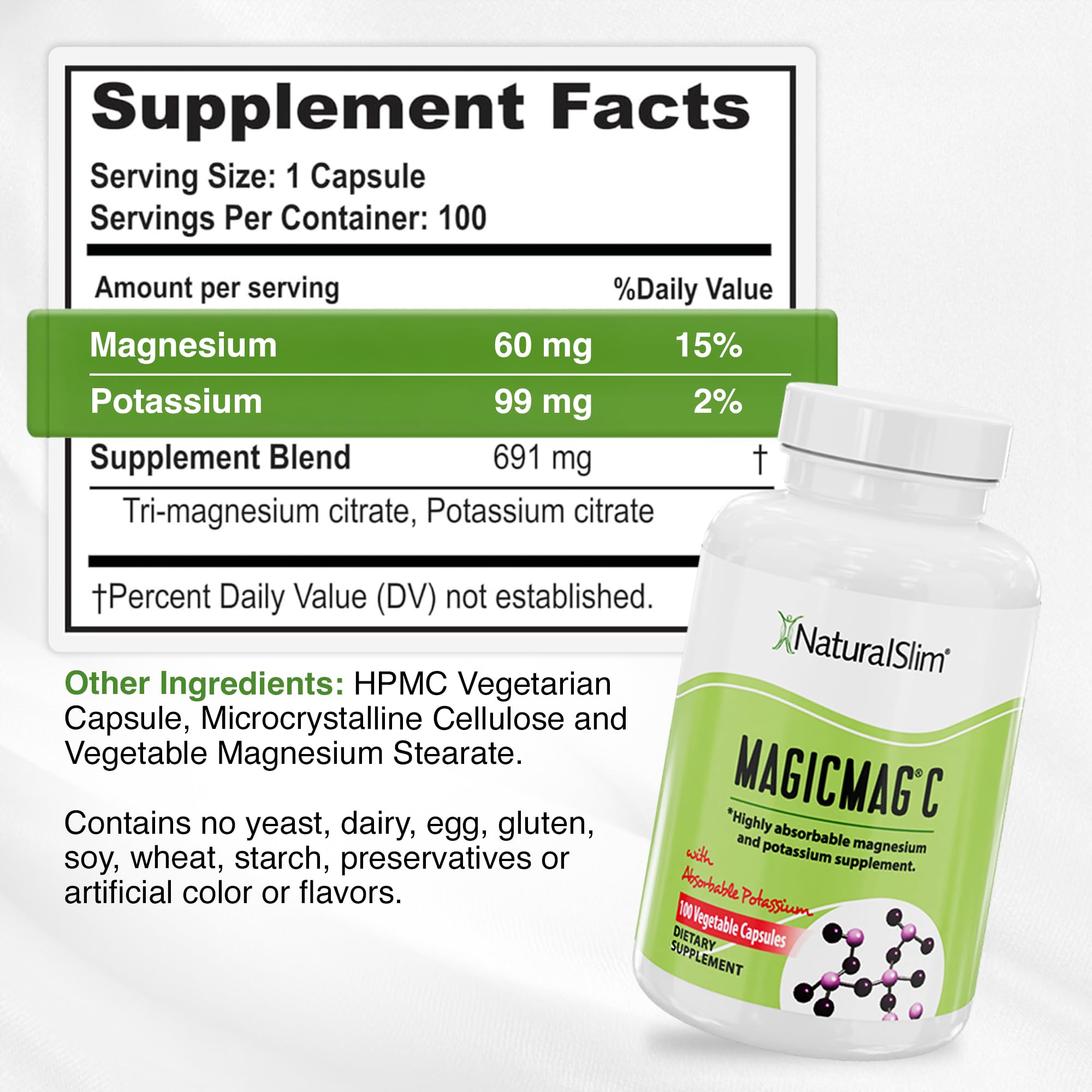 NaturalSlim MagicMag®C - Anti Stress Magnesium Citrate Capsules w/ Potassium, 100 Ct