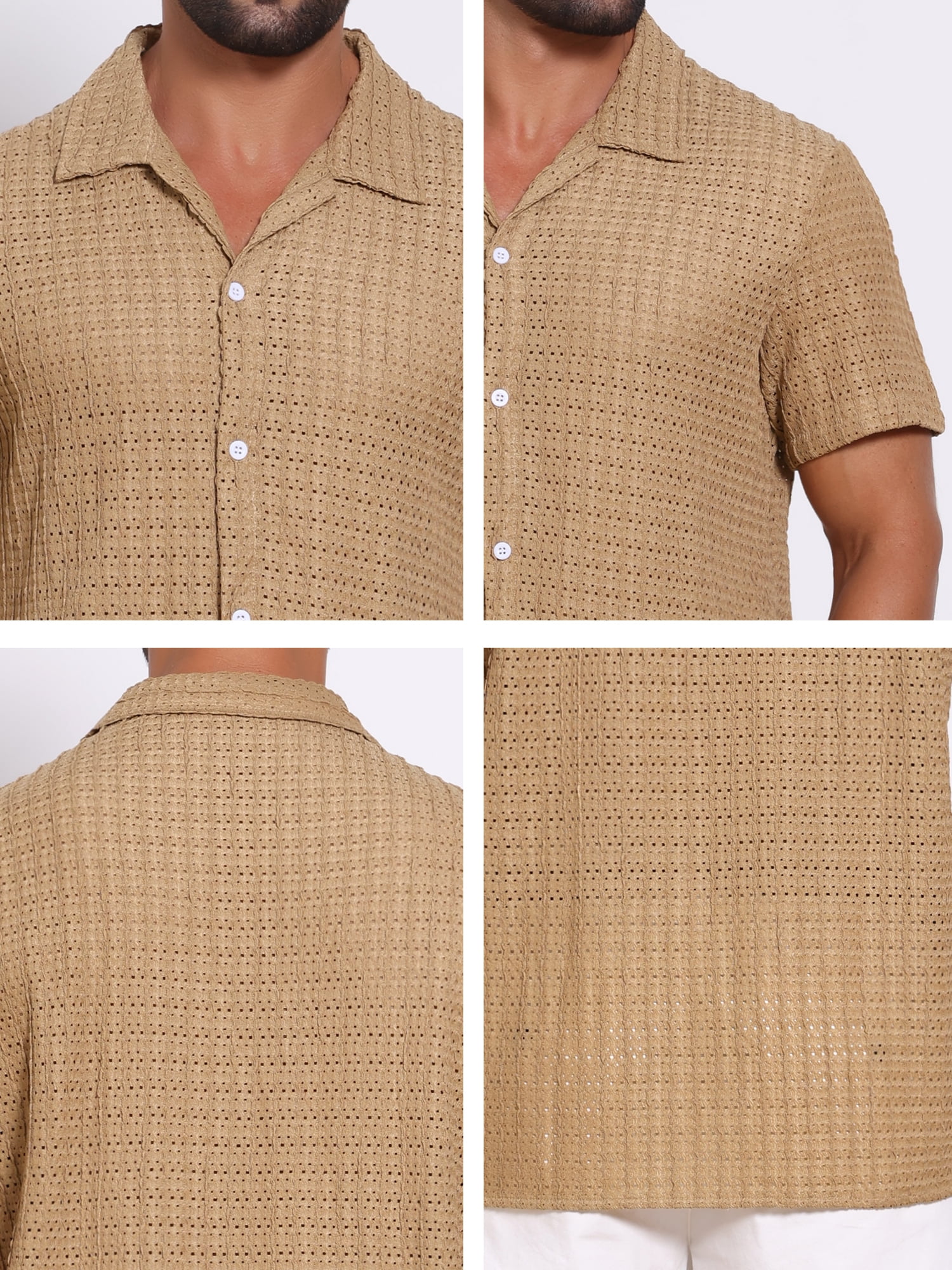 DARING DIVA Men's Casual Knitted Hollow Out Short Sleeve Shirt L Khaki