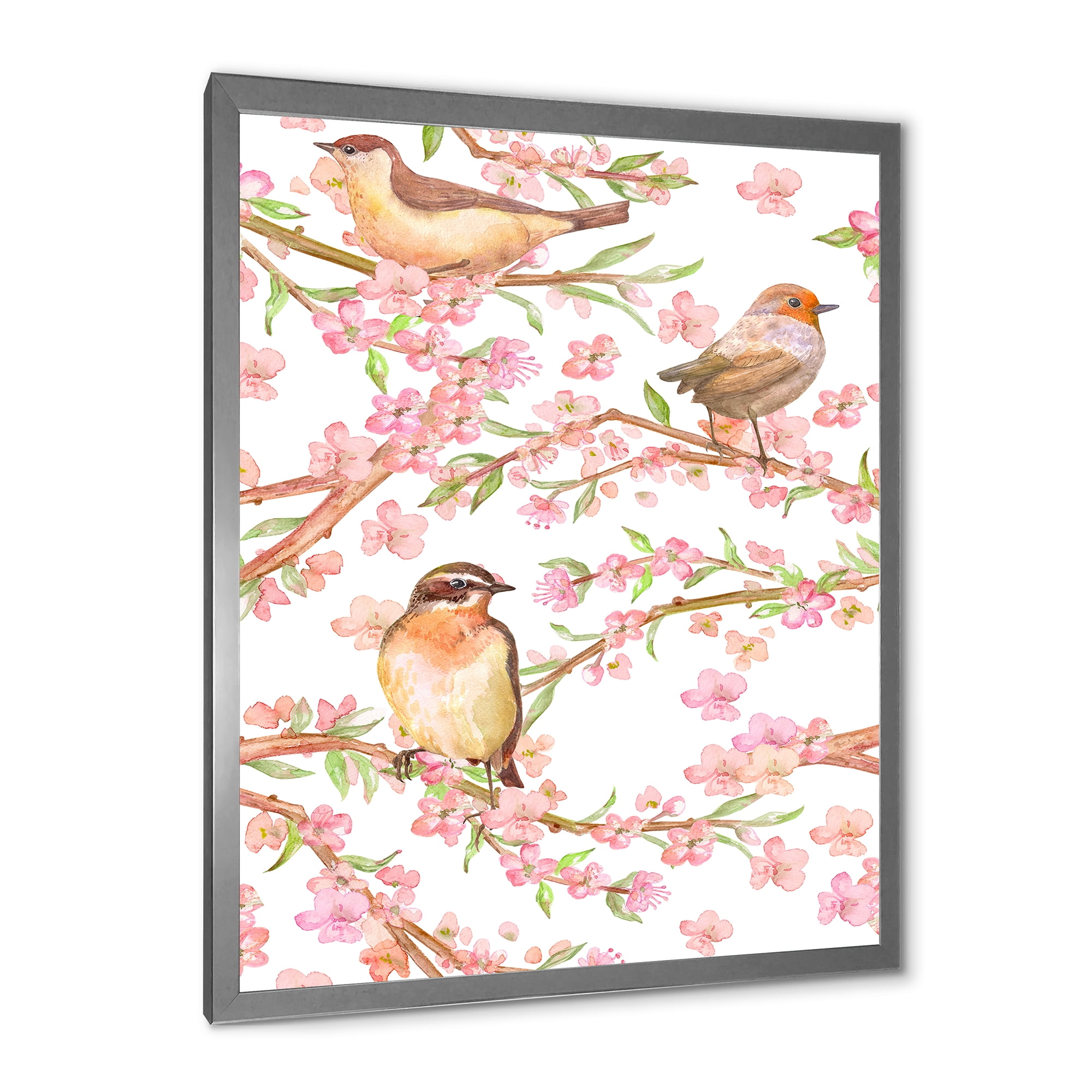 Designart 'Lovely Birds On Branches Of Flowering Almond' Traditional Framed Art Print