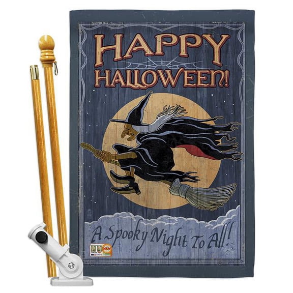 Breeze Decor BD-HO-HS-112063-IP-BO-D-US16-AL 28 x 40 in. A Spooky Night To All Fall Halloween Impressions Decorative Vertical Double Sided House Flag Set with Pole Bracket Hardware