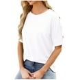 thumbnail image 2 of Fesfesfes Summer Shirts for Women's Fashion Solid Casual T-shirt Short Sleeves Blouse Round Neck Casual Button Tops Summer Tops L(US:8), 2 of 8