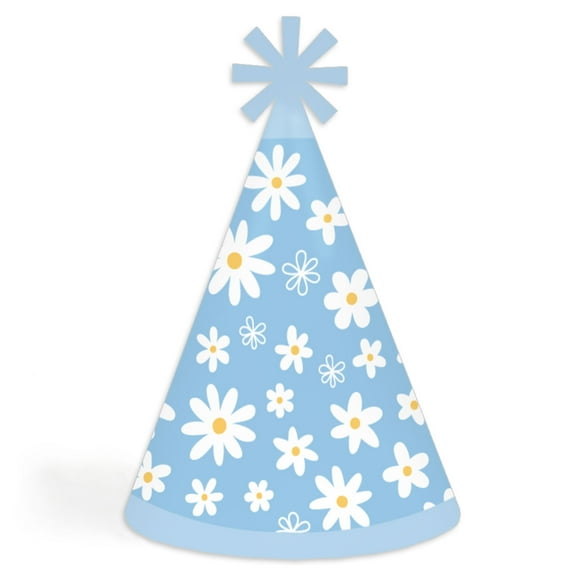 Big Dot of Happiness Blue Daisy Flowers - Cone Happy Birthday Party Hats for Kids and Adults - Set of 8 (Standard Size)