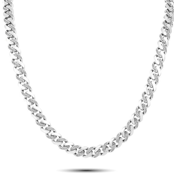 Ritastephens Elegant Rhodium Plated Cuban Link Necklace, 18", Iced Out with Clear Cubic Zirconia, 925 Sterling Silver