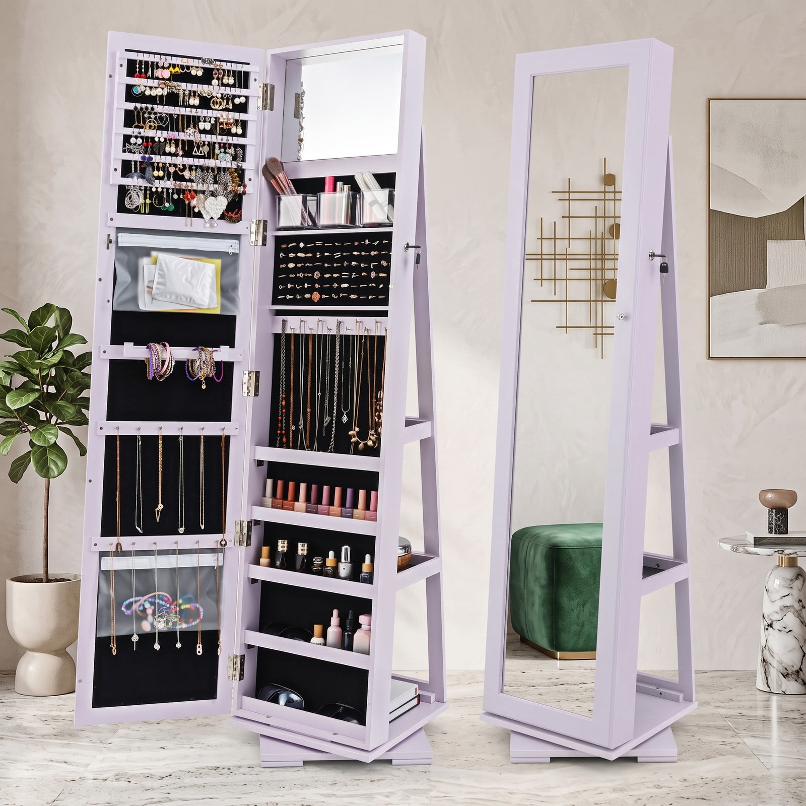 Furnibear 360 Degree Rotatable Freestanding Lockable Jewelry Cabinet with Full-Length Mirror and 100 Earring Slots for Bedroom, Purple