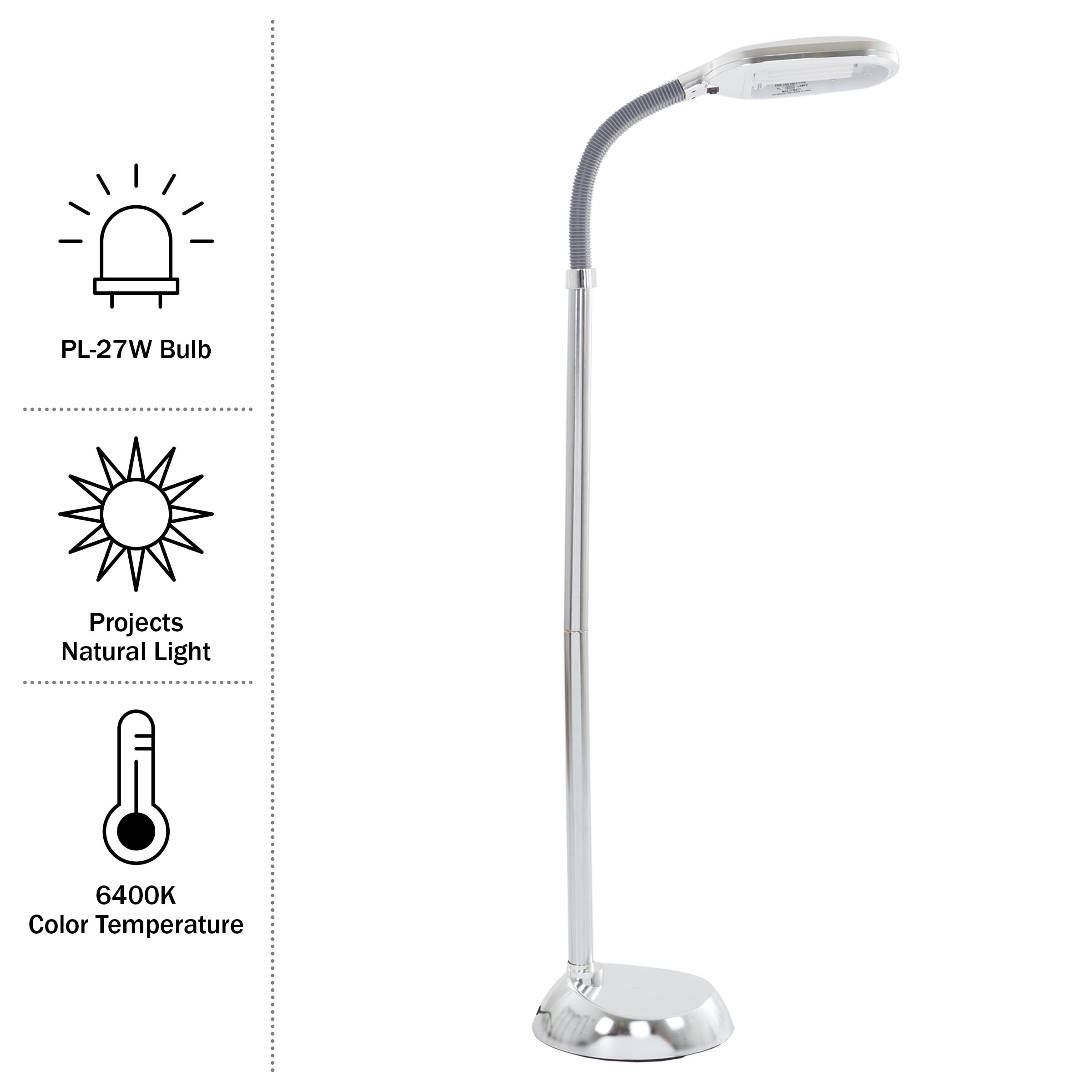 Lavish Home 63-Inch Adjustable Floor Lamp for Bedroom - Full Spectrum Natural Sunlight Lamp for Office with Bendable Neck for Reading Light, Craft, Studying, and Esthetician Light (Chrome)