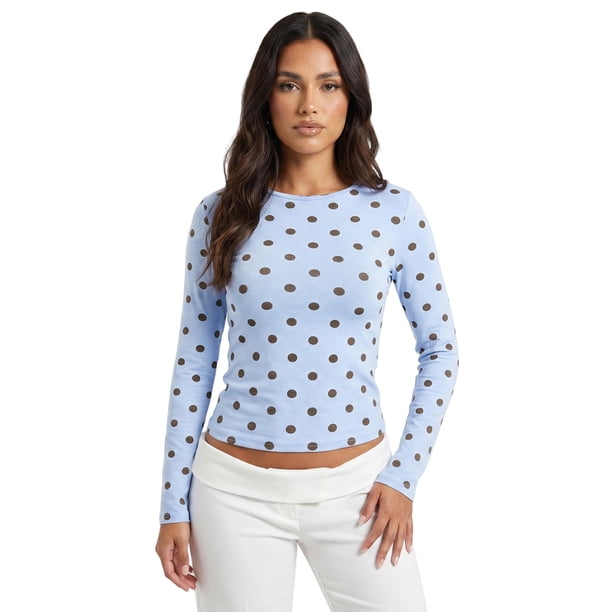 Blusas de mujer de otoño, manga larga, cuello redondo, estampado de lunares, estilo casual y corte ajustado, ideales para salir.