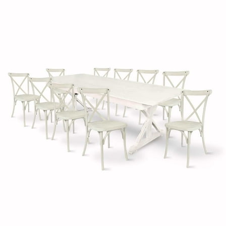 White Distressed X-Leg Farm Table Dining Set with 10 Chairs by Chivari