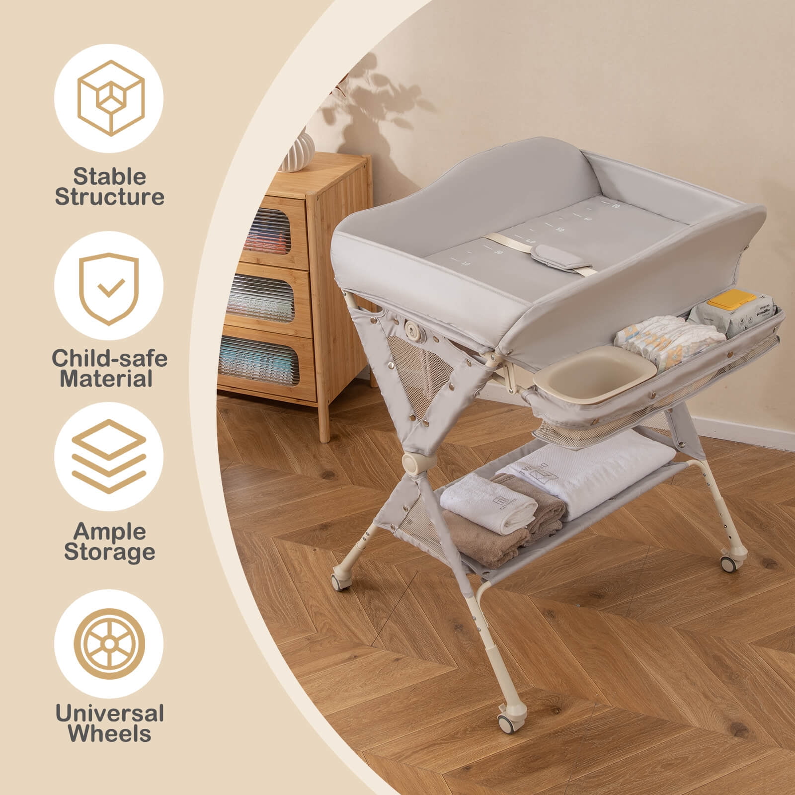 Costway Portable Baby Diaper Changing Table with Storage Water Basin 3-Level Adjustable Height Gray