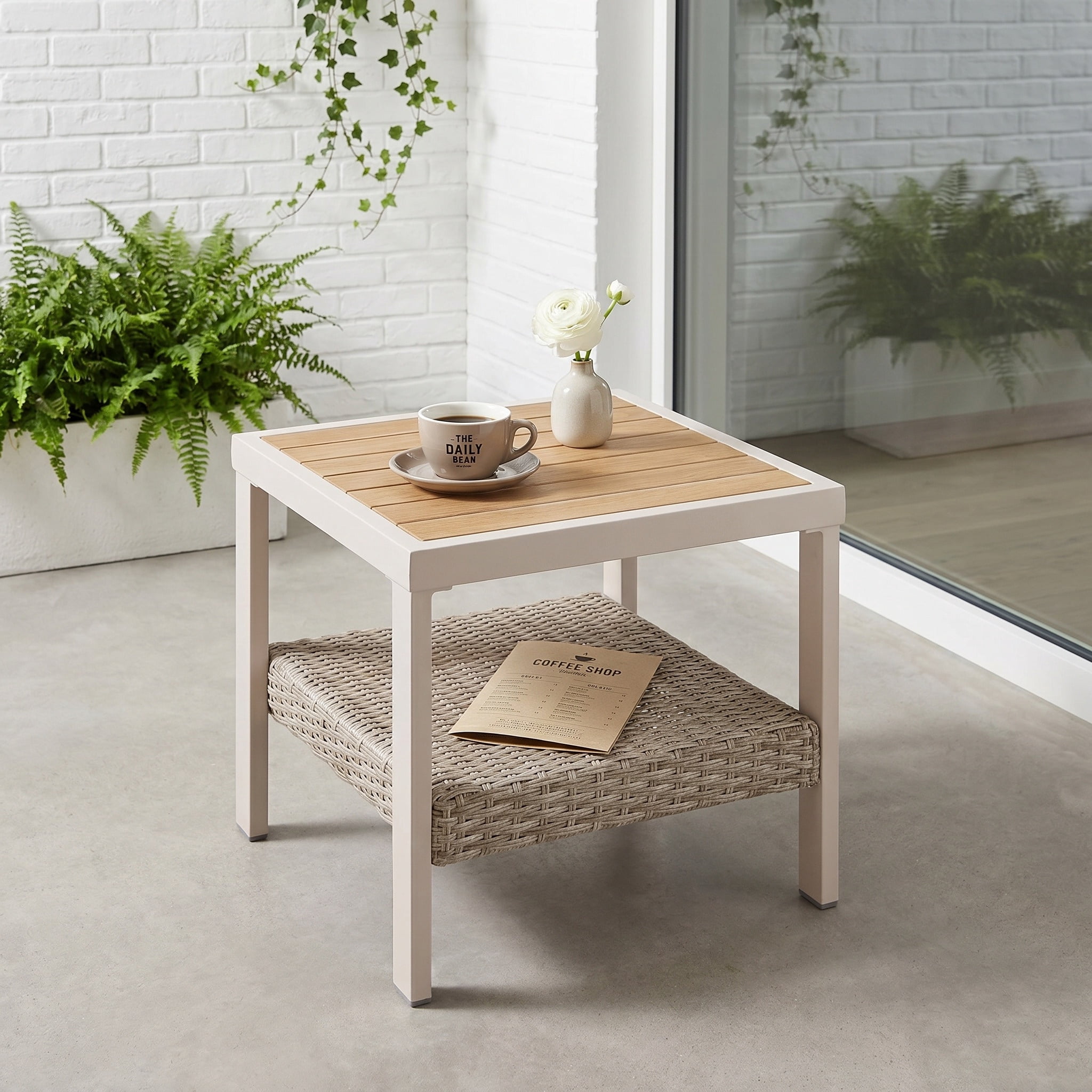 Nordic Hygge Minimalist Modern Patio End Table – Rust-Resistant Powder-Coated Finish – Bone
