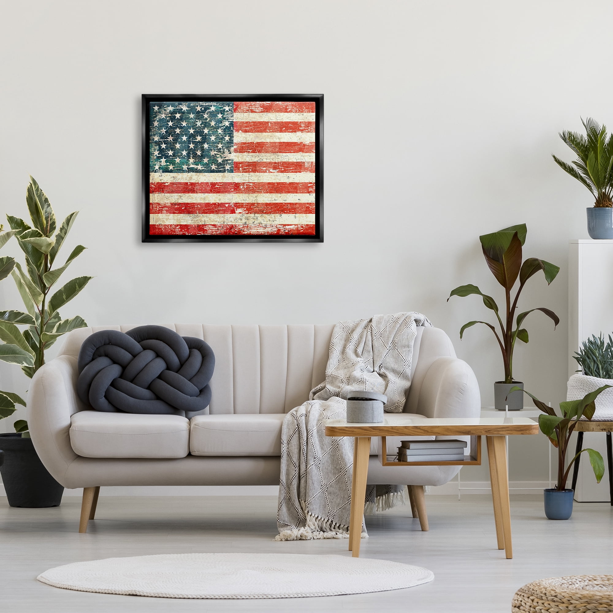 Stupell Industries Rustic American Flag Town & City Painting Black Floater Framed Art Print Wall Art, 31 x 25