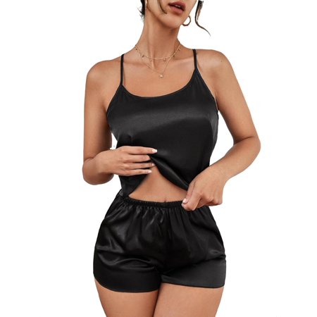 

Spaghetti Strap Plain Short Sets Black Sleeveless Sexy Women s Pajama Sets