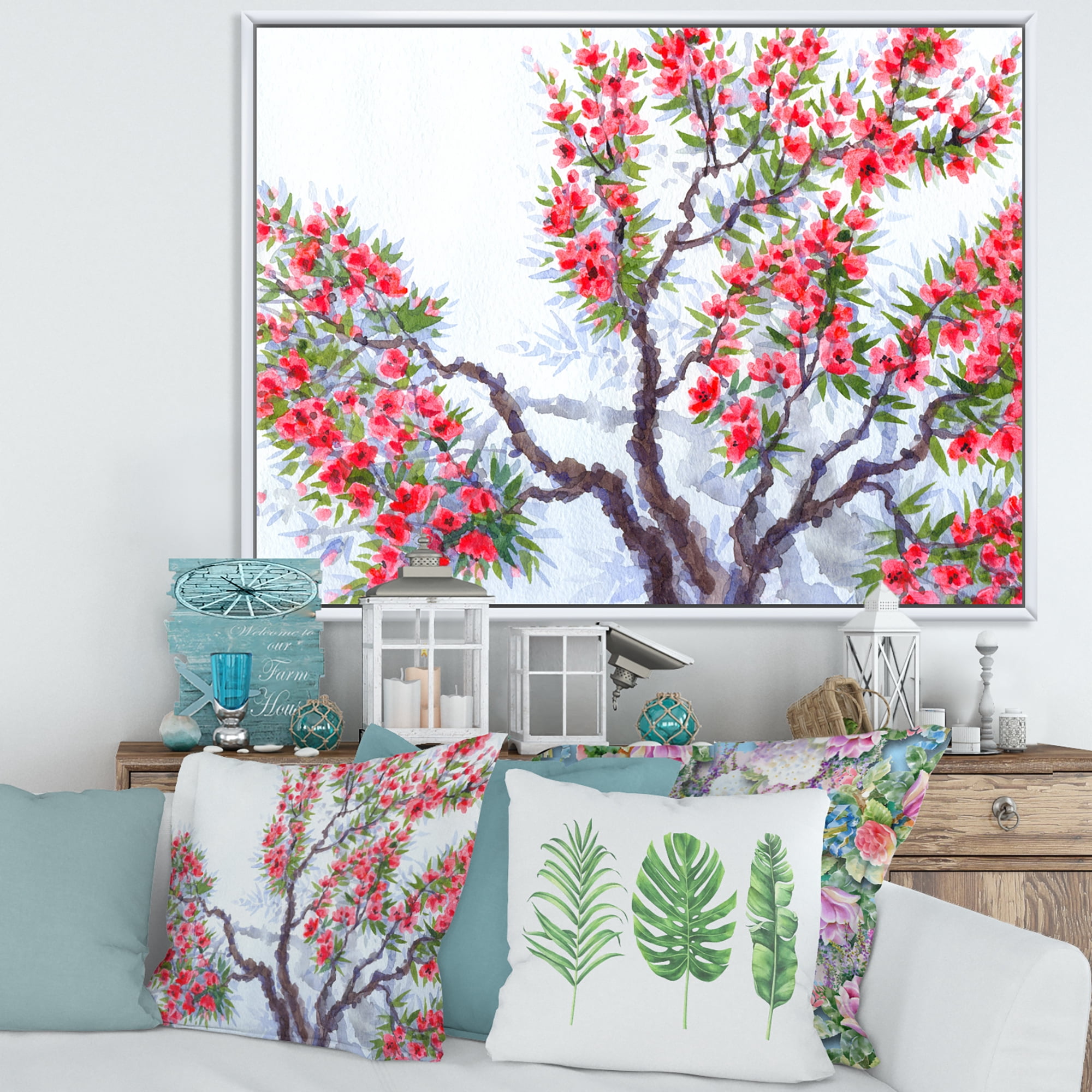 Designart 'Abstract Red Flowers of Spring Tree' Traditional Framed Canvas Wall Art Print