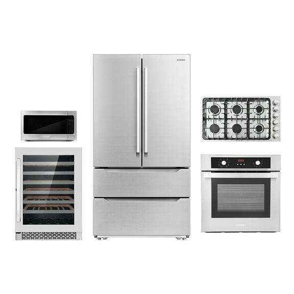 Cosmo 5 Piece Kitchen Package With 36" Gas Cooktop 30" Under Cabinet Range Hood 24" Single Electric Wall Oven 24.4" Countertop Microwave & French Door Refrigerator