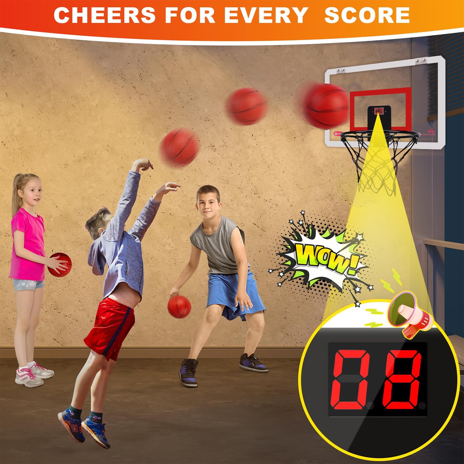 JBeeCtrl Indoor Basketball Hoop for Kids Mini Hoop over the Door with Electronic Scoreboard Wall Mounted Basketball Hoops for Kids Basketball Toy Gifts for Kids