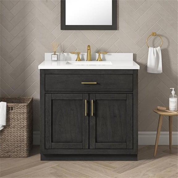 Pemberly Row 36" Bathroom Vanity in Matte Black Wood with White Countertop