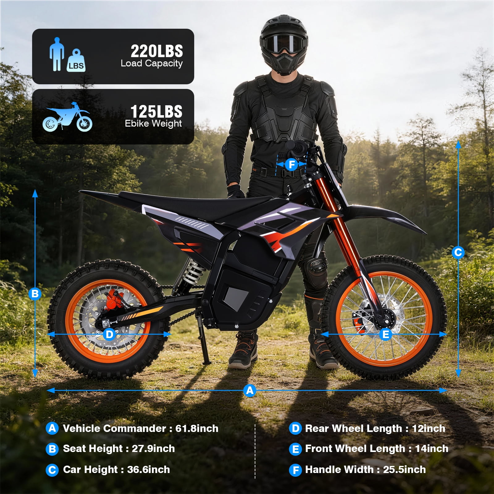 3000W Adult Electric Dirt Bike, 40mph Top Speed, 43-mile Range, 48V 30ah Battery, 14"/12" Fat Tires, Dual Hydraulic Brakes, Full Suspension, UL2849