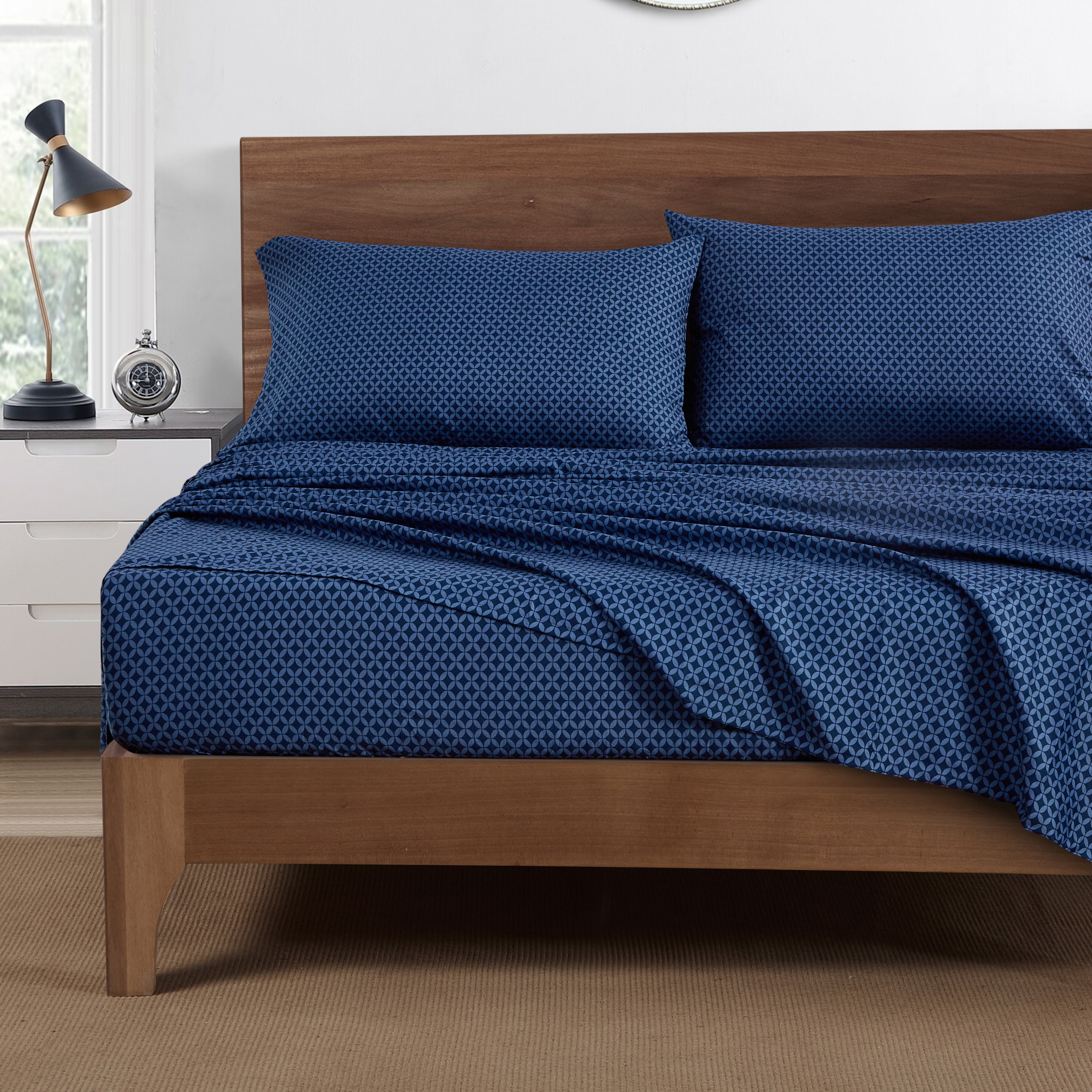 Mainstays Super Soft Brushed Microfiber Bed Sheet Set, Full, Navy Geo, 4 Piece