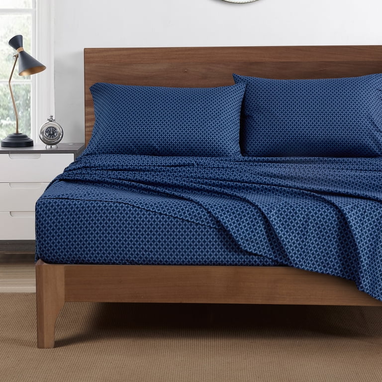 Mainstays Microfiber Bed Sheet Set Queen Navy Geo 4 Piece Super