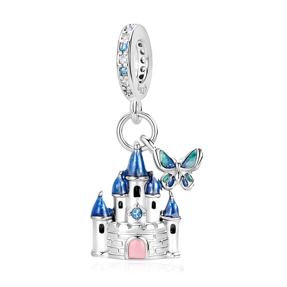 S925 Sterling Silver Blue Butterfly Castle Dangle Charm, Sparkly Zircon Bead for DIY Charm Bracelets and Necklaces