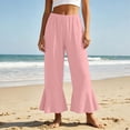 thumbnail image 3 of Bloomae Women's Wide Leg Linen Capri Pants Elastic High Waist Ruffle Hem Casual Loose Cropped Trousers Solid Color Lightweight Daily Lounge Capris with Pockets, 3 of 10