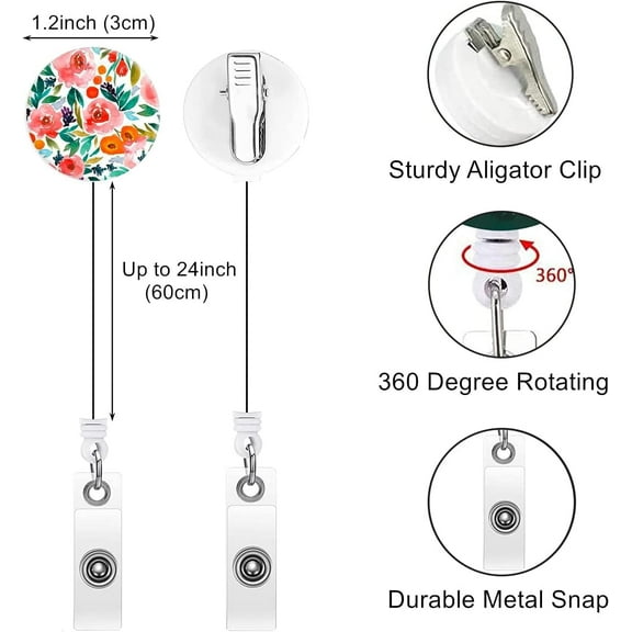 Badge Reel, Retractable Nurse Badge Holder with Alligator Clip ID Name Card Badge Clip for Office Student Doctor Nurse (3pack Pink Flower)