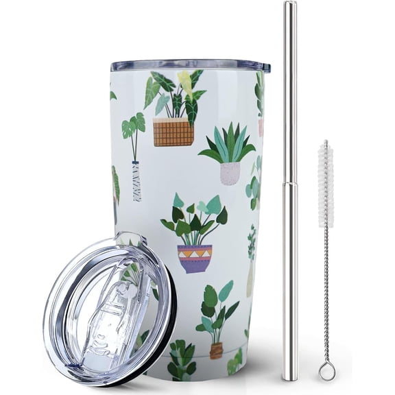 Plant Print Tumbler With Lid and Straw - 20 oz Insulated Stainless Steel pot plant Travel Cup - Double Wall Coffee Mug - Birthday Gifts for Mom, Sister, Friends, Women