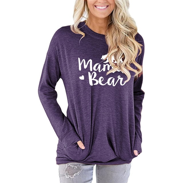 Chemise Décontractée à Coupe Ample avec Poche pour Femmes Mignonne Mama Bear et Tuniques Imprimées à Col Rond
