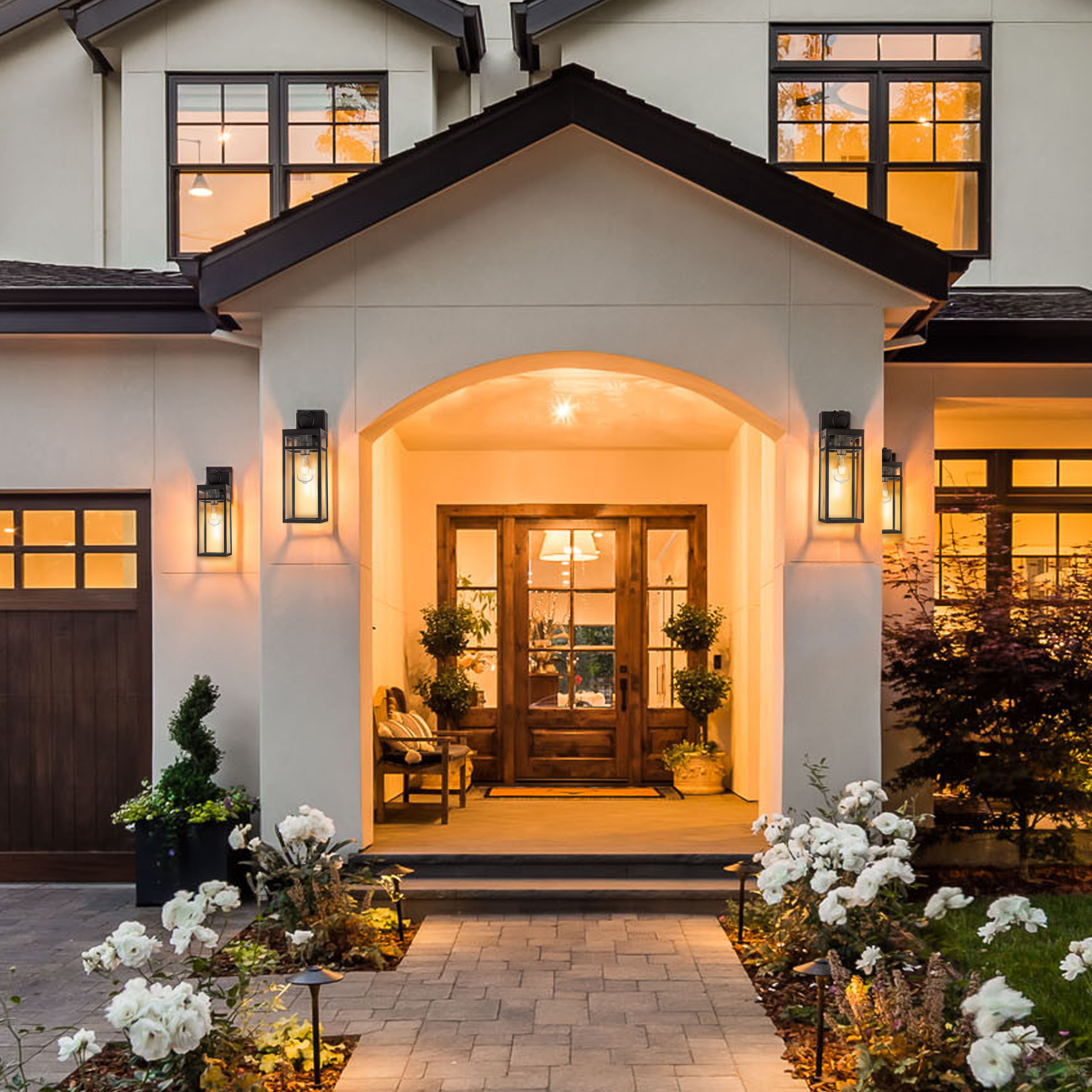 1 Light Black Dusk to Dawn Sensor Outdoor Wall Lantern Coach Sconces Light with Clear Glass and built-in GFCI Outlets