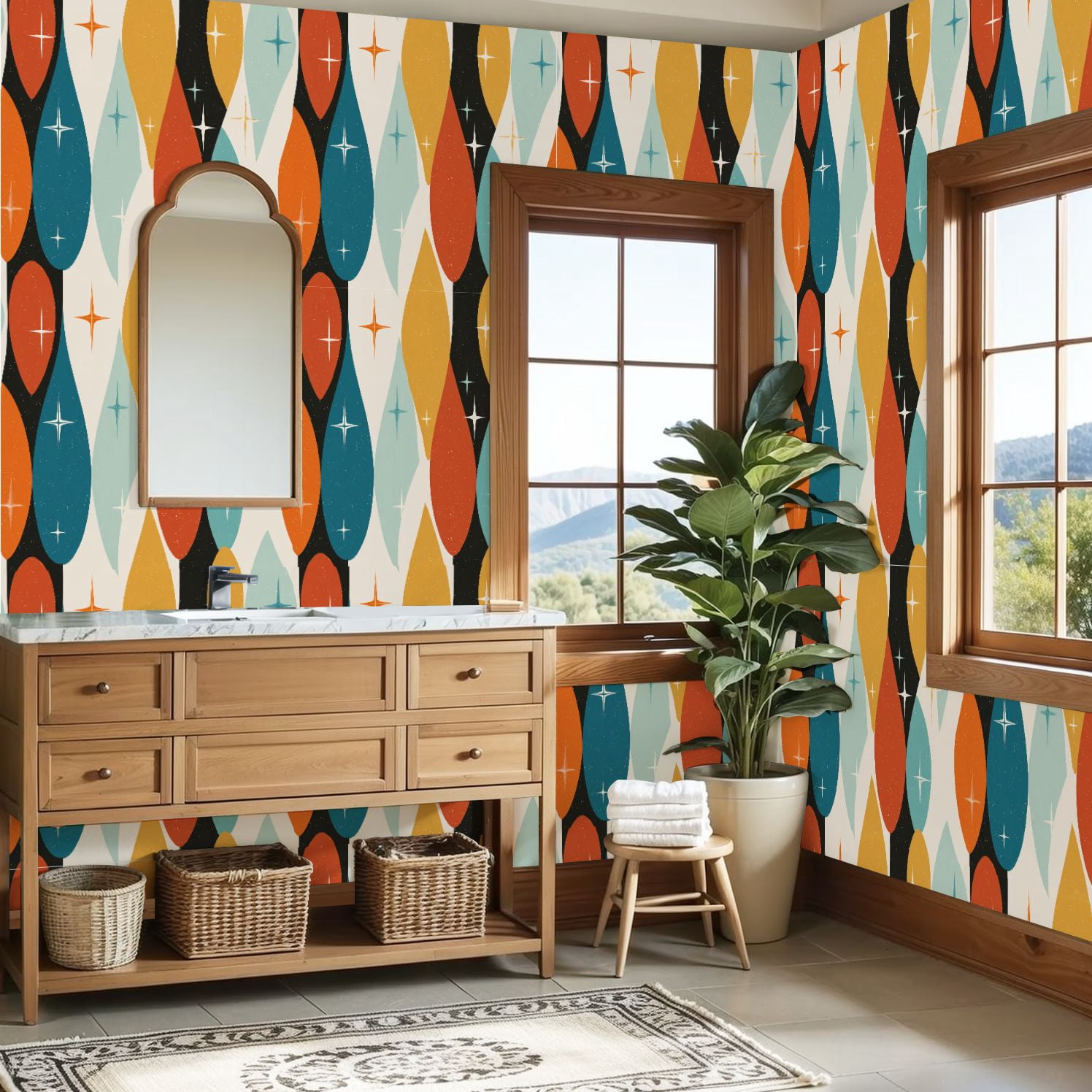 Peel and Stick Wallpaper 23.6in x 9.8ft Mid century modern age teal orange Ideal for Contact Paper Vinyl Waterproof Self Adhesive Wall Paper for Bedroom Shelf Cabinet Renter Friendly