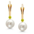 thumbnail image 3 of Gem Stone King 14K Yellow Gold Round White Cultured Freshwater Pearl and Round Canary Diamond Leverback Drop Dangle Earrings for Women (Pearl: 5.5MM, Diamond: 1.5MM), 3 of 5