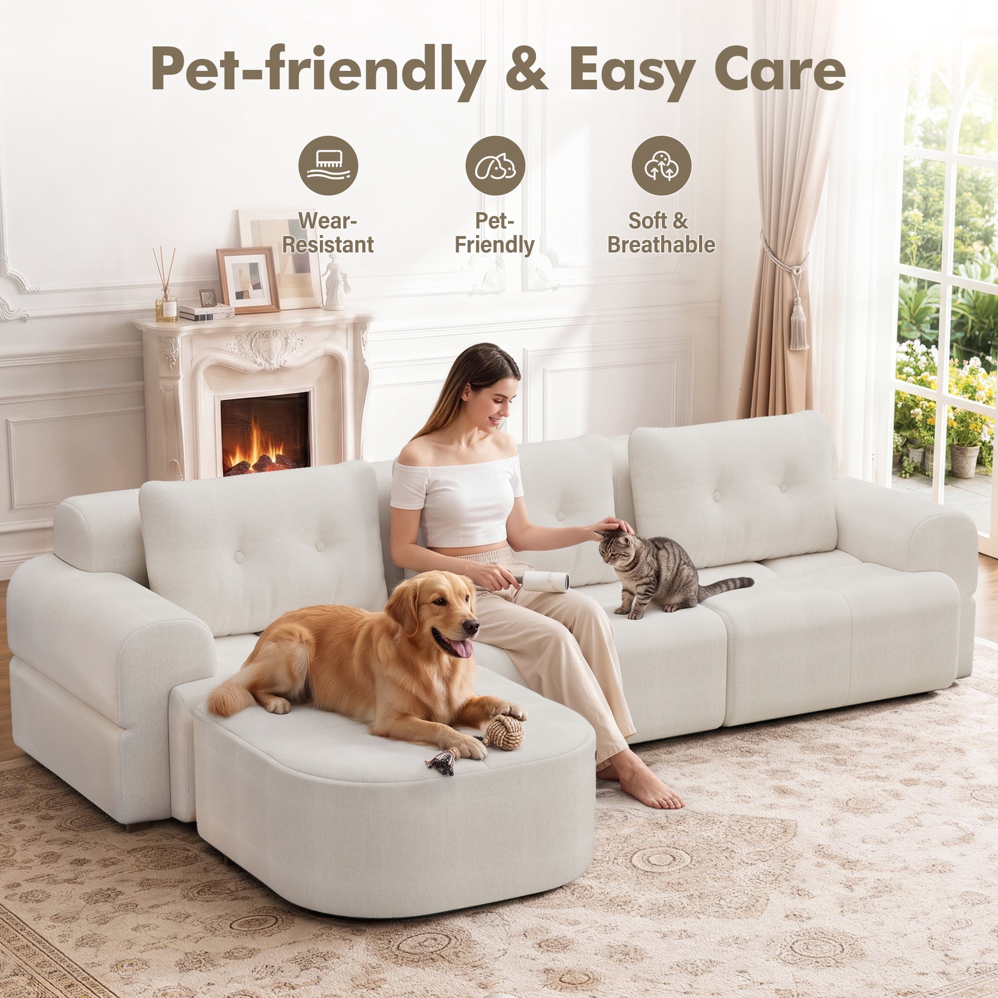 Aukfa 112" Modular Sectional Sofa with Chaise, Full-Foam Boneless Cloud Couch, Woven Chenille Oversized Deep Seat Sofa with 3 Pillows for Living Room, Beige