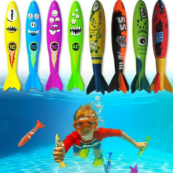 8Pc 5" Underwater Diving Torpedo Bandits, Pool Dive Throw Toypedo Sharks Glides Up to 20 Feet Fun Water Games for 5Y Boys and Girls (Style F)
