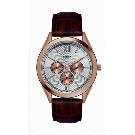 Timex Men's Classic 40mm Watch - Brown Strap Silver-Tone Dial Rose Gold-Tone Case