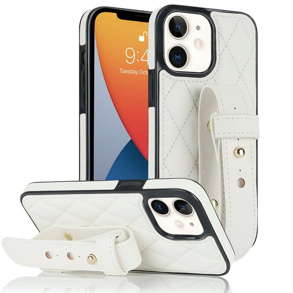 ELEHOLD Luxury Leather Case for iPhone 11 Premium Leather Case with Adjustable Non-Slip Wristband Full Body Case Shockproof protective Cover for Women Girls,white