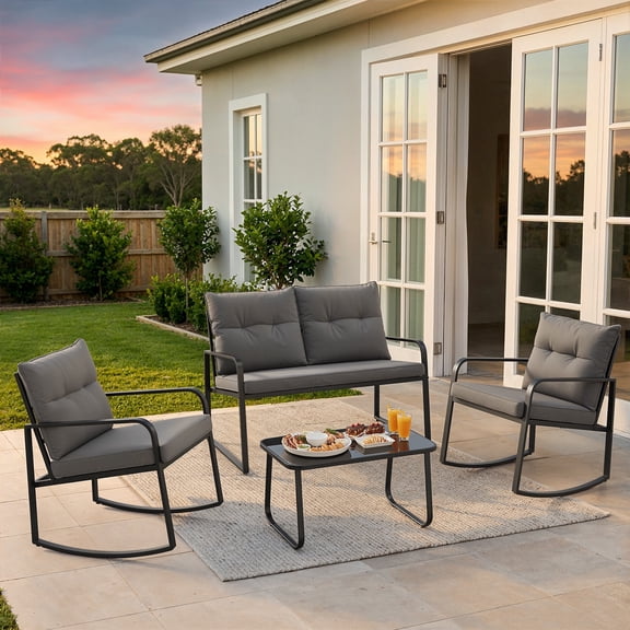 Lofka Outdoor Patio Furniture Set, Black Steel Loveseat & Rocking Chairs,versation Set with Waterproof Cushions for Backyard|Porch|Poolside, Grey