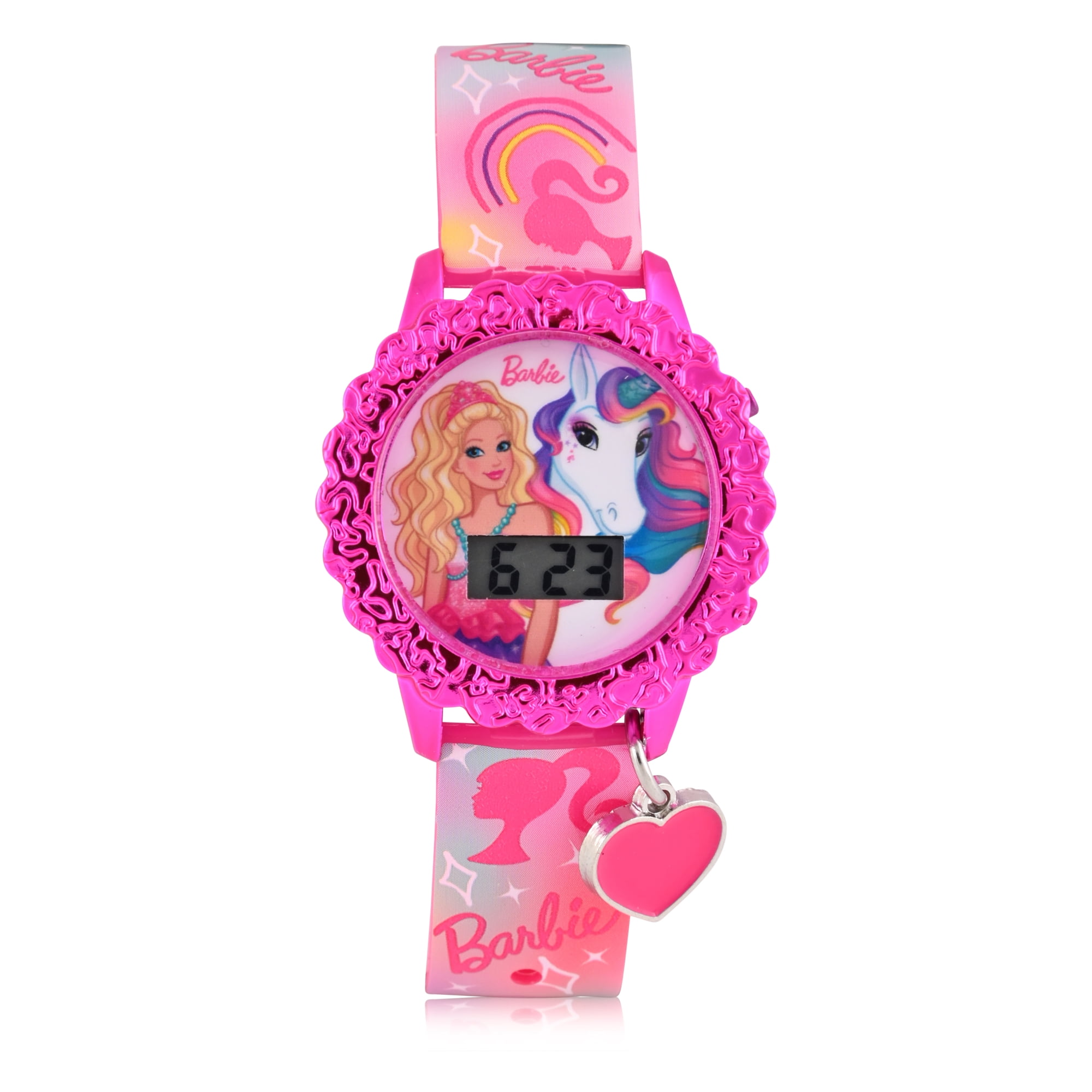 Barbie Kids Flashing Lights LCD Watch with Printed Strap and Heart Shaped Hanging Charm (BDT4156WM)