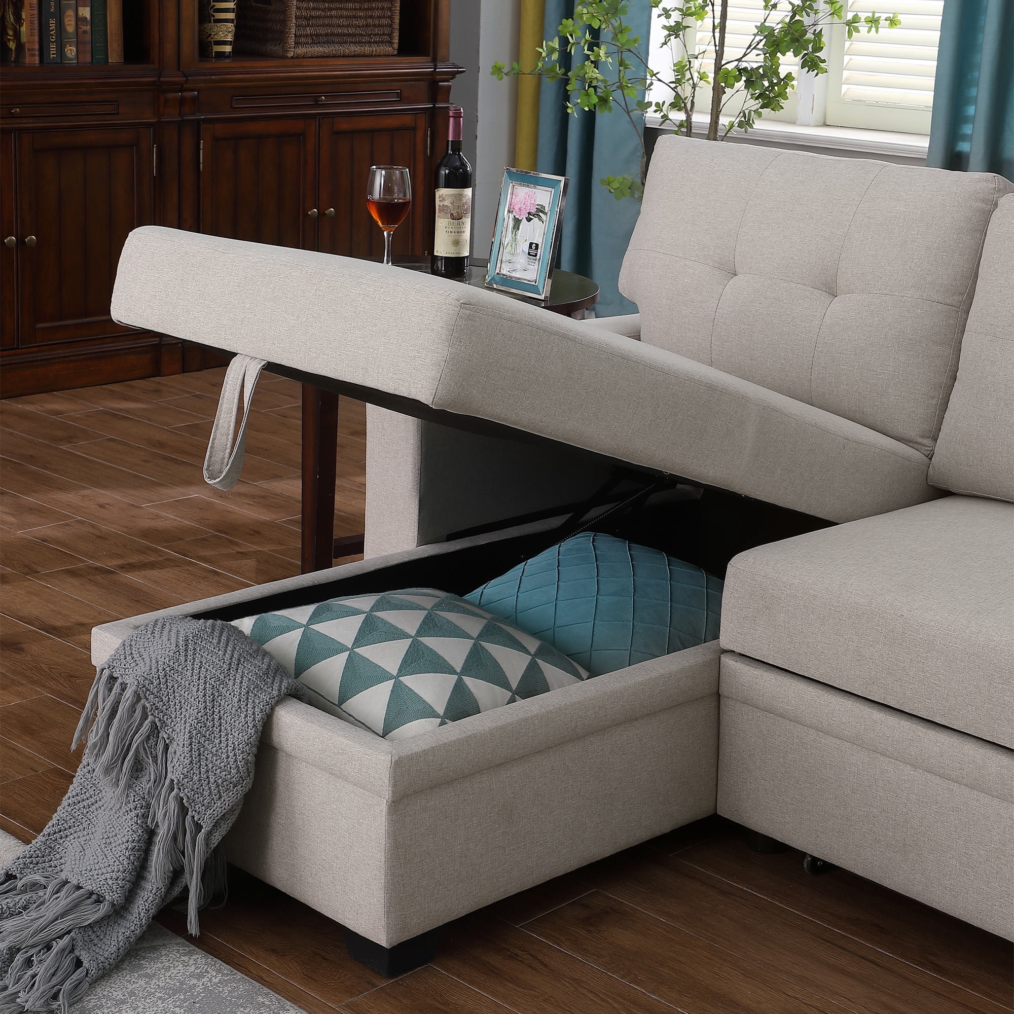 Aukfa 83" Sofa Bed, Sleeper Sofa, Pull Out Bed w/ Storage Chaise for Living Room, Linen, Beige