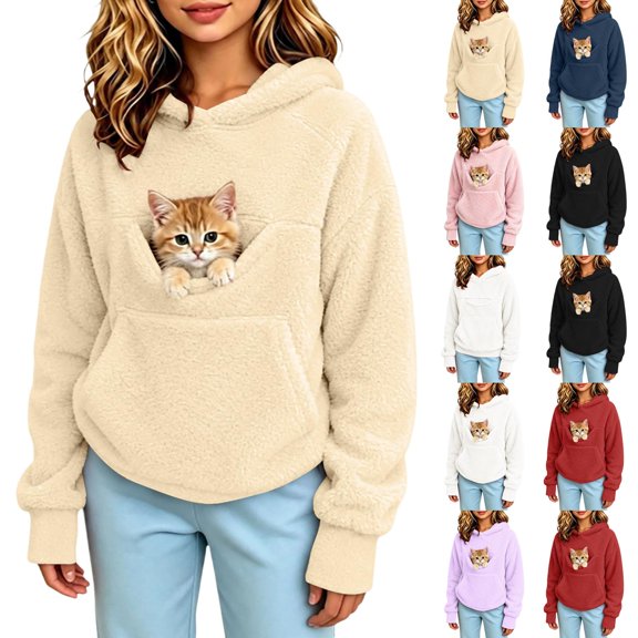 Pet Pouch Hoodie for Girls Kangaroo Pocket Pet Carrier Fleece Winter Pullover Sweatshirt Pet Carrier Hoodie Animal Holder Hoodie with Cat Pouch