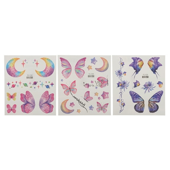Unique Bargains Christmas 3 Pcs No Adhesive Fake Tattoos Butterfly Moon Pattern Temporary Tatto for Adult Blue Purple