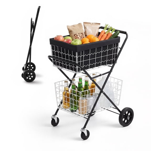 VEVOR Shopping Cart 2-Tier with Wheels Foldable for Grocery 88lbs Capacity, Heavy Duty Utility Cart with 2 Detachable Storage Baskets, 360° Rolling Swivel Wheels, for Groceries, Warehouse,Supermarket