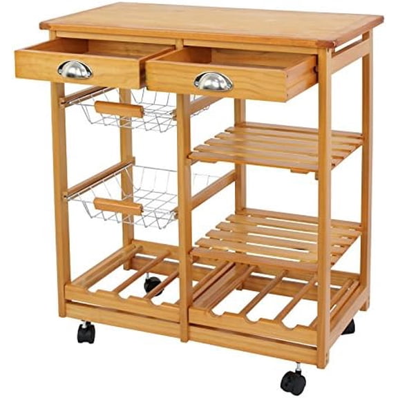 4-Shelf Kitchen Storage Island Cart Rack Wood Dining Trolley w/Drawers Basket Stand Home Kitchen Shelves and Organizer w/Wheels$$Home Decor, Kitchen, & Other