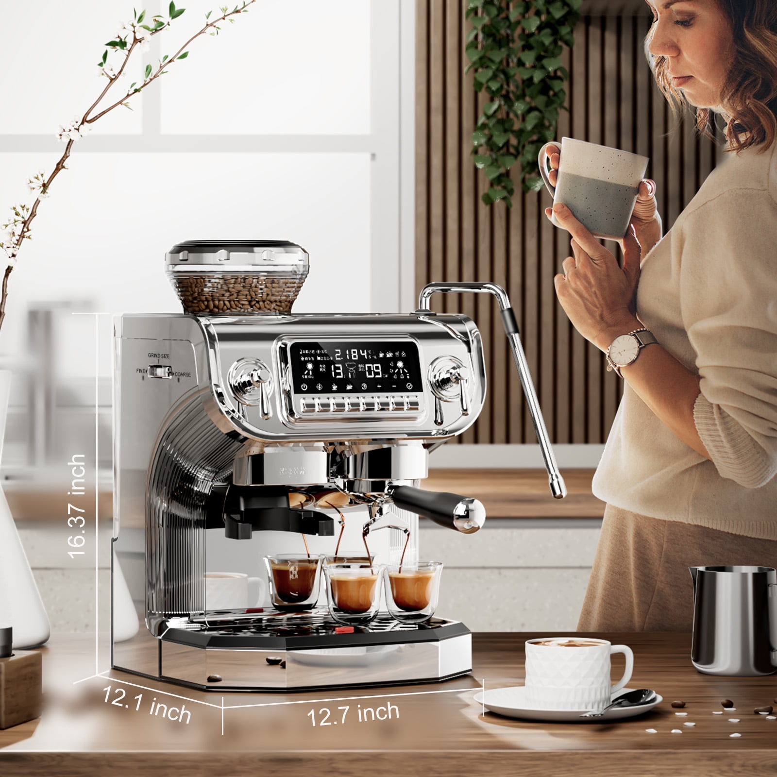 Mcilpoog ES317 Fully Automatic Espresso Machine,Milk Frother,Built-in Grinder,Intuitive Touch Display ,7 Coffee Varieties for Home, Office,and More