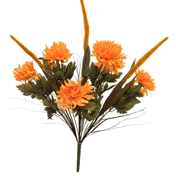 Tangerine Mum Cattail 26in Artificial Polysilk Faux Fake Flower Rustic Mixed Greenery Bush for Craft Garden Outdoor Bouquet Arrangement Ceremony Wedding Arch Floral Wall Aisle Decor (Orange, Set of 2)