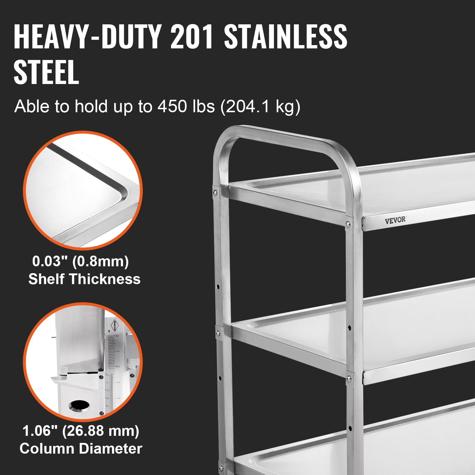VEVOR Kitchen Utility Cart,3 Tiers, Wire Rolling Cart with 450LBS Capacity, Steel Service Cart on Wheels, Metal Storage Trolley with 80mm Basket Curved Handle PP Liner 6 Hooks, for Indoor and Outdoor