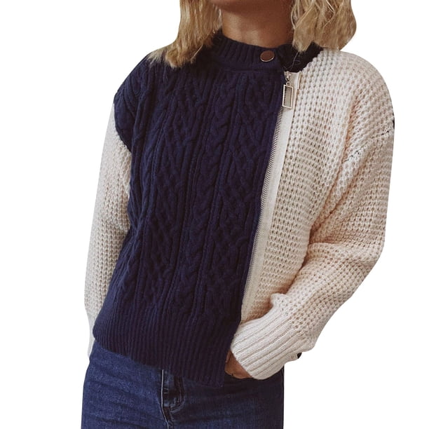 Gibobby Sueteres Para Mujeres Calientitos Chaqueta de suéter de empalme de color torcido con cremallera de cuello redondo de otoño e invierno para mujer(Marina,M)