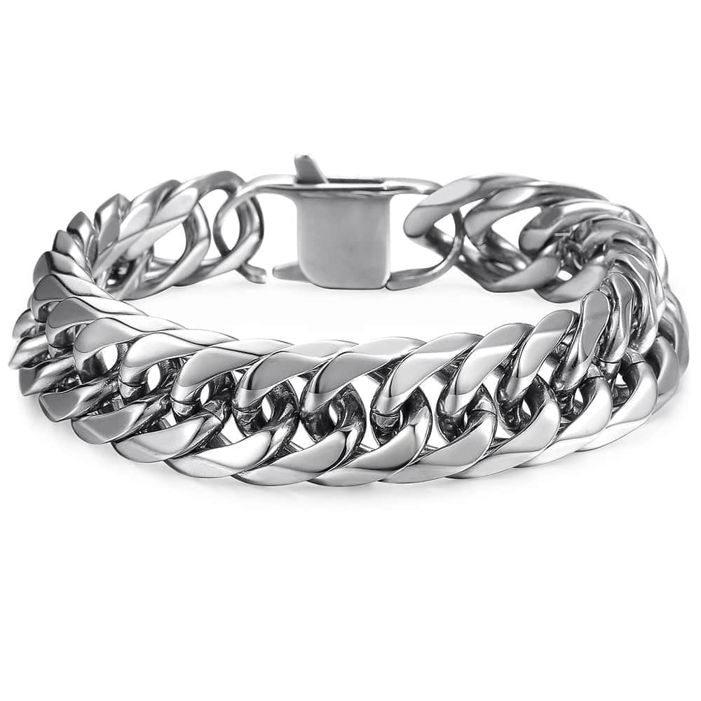 12mm Silver Chain Bracelet for Mens Curb Link Cuban Rombo 316L Stainless Steel 