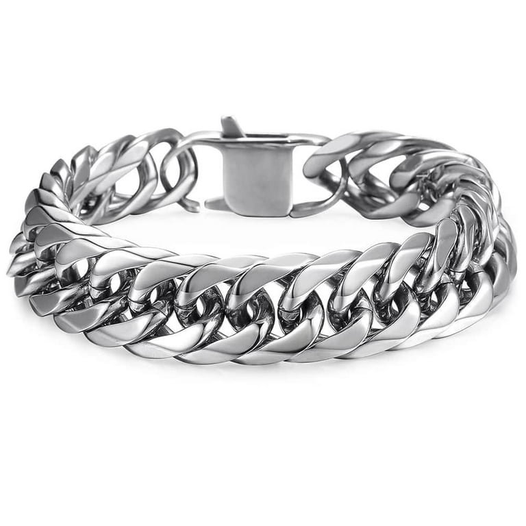 Hermah 15mm Wide 10 inch Curb Cuban Rombo Mens 316L Stainless Steel Chain  Bracelet Silver